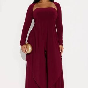 Burgundy Strapless Long Sleeve Draped Jumpsuit